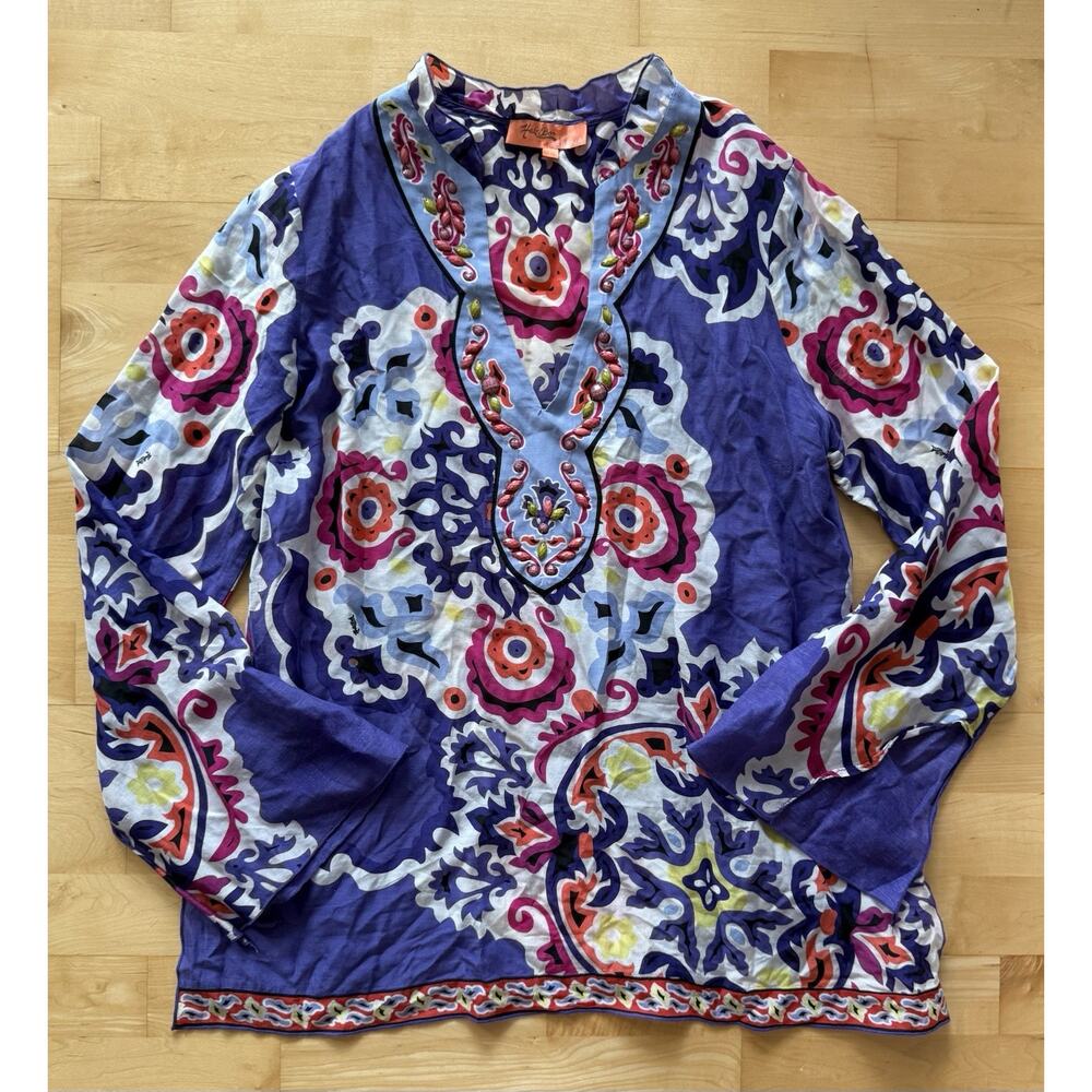Hale Bob Cabana Purple Beaded Kaftan Top Lightweight Cotton Silk L